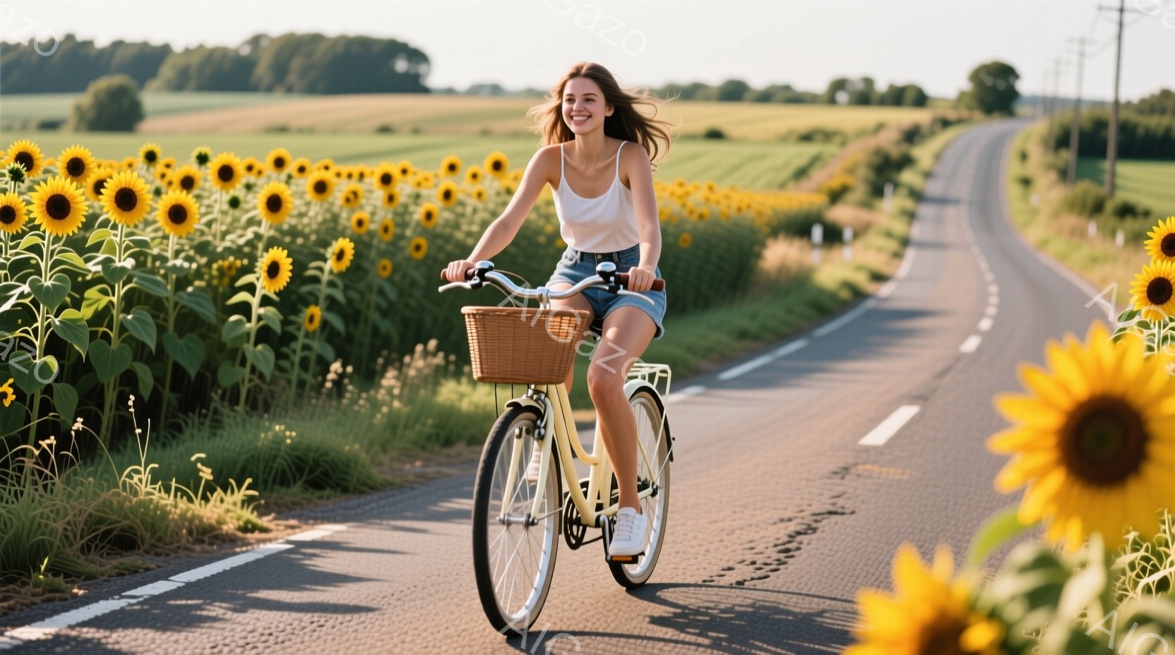白いタンクトップとデニムの短パンを着た女性が、バスケット付きの自転車に乗ってアスファルトの道を進んでいる。彼女は笑顔で前を見つめ、風になびく髪が印象的だ。背景には一面のひまわり畑が広がり、晴れた空と緑 - AI生成フリー素材