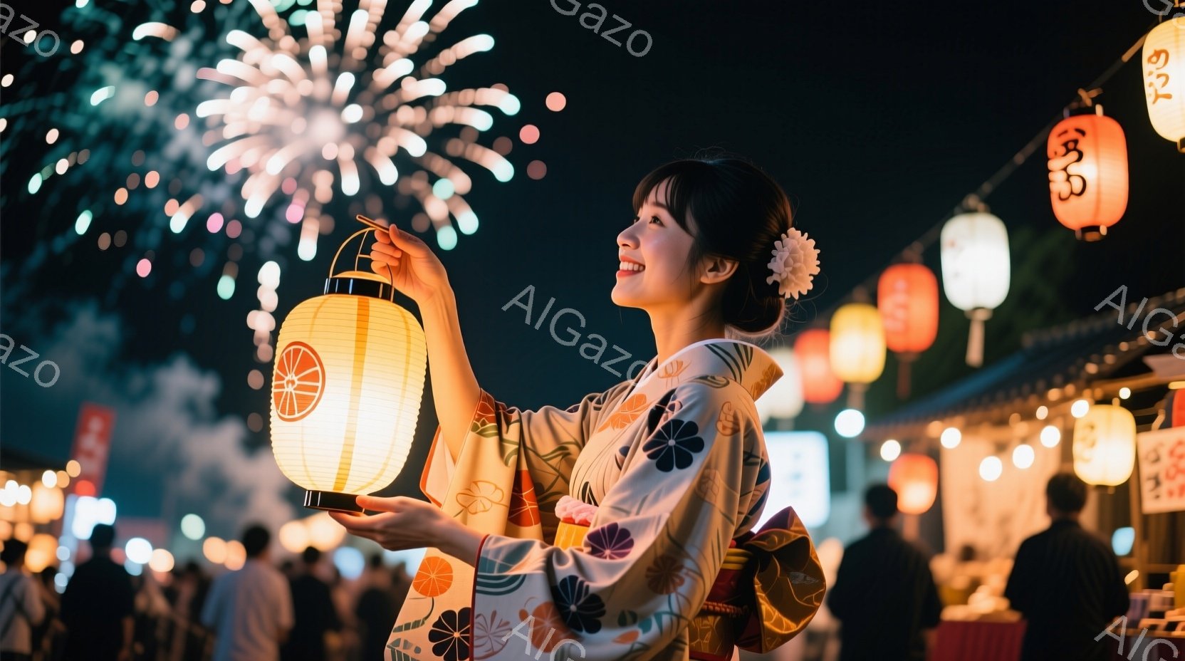 白い着物に色鮮やかな花柄が描かれ、女性は片手に提灯を持ち、顔には穏やかな笑顔が浮かんでいます。彼女は少し上を見上げ、祭りの賑わいと夜空に咲く花火を見ているようです。背景には屋台が並び、多くの人が楽しん - AI生成フリー素材