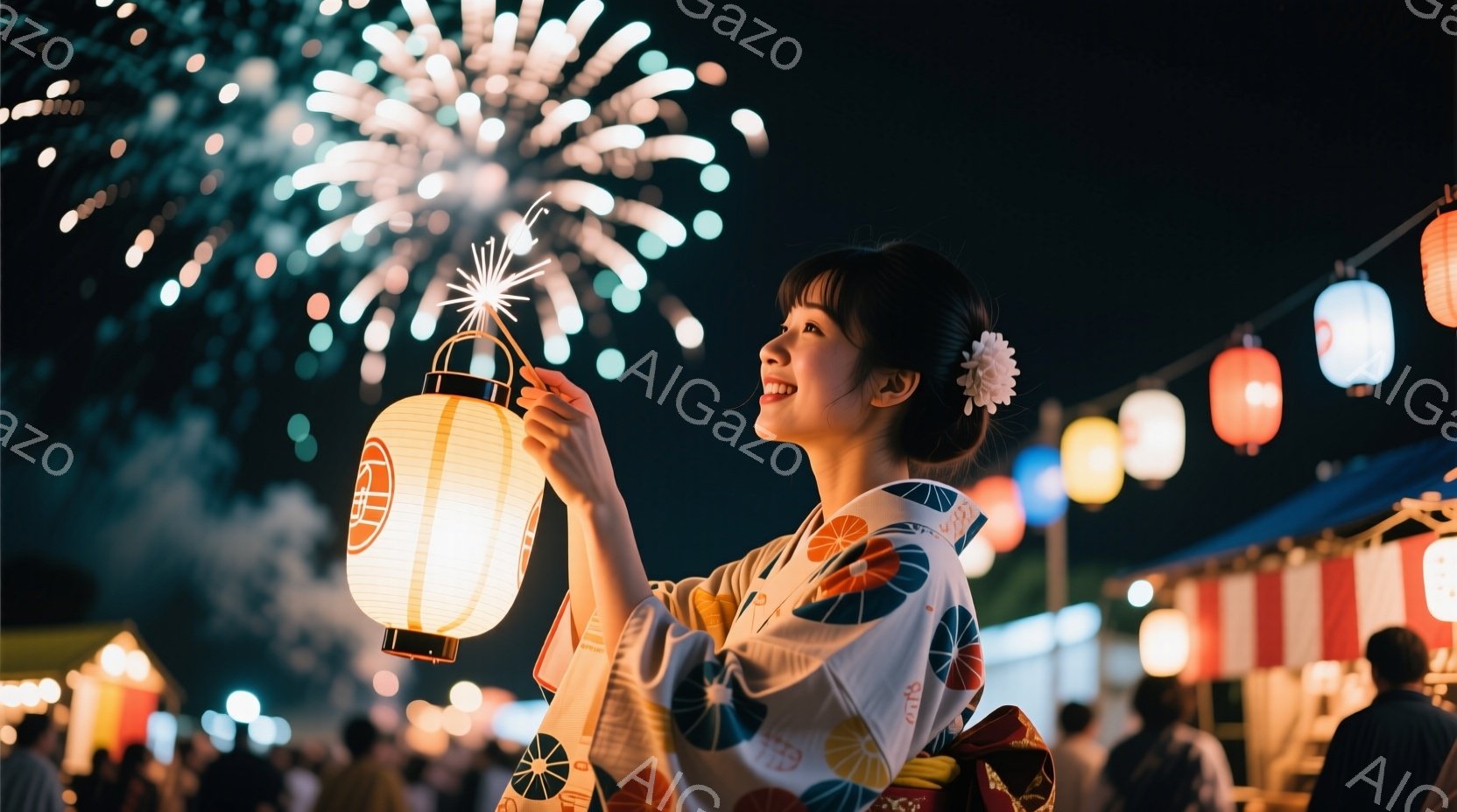 浴衣を着た若い女性が、提灯を高く掲げ、夜空に咲く花火を見上げています。彼女は笑顔で、髪にはお花飾りをつけており、祭りの活気ある雰囲気に包まれています。背景には屋台が並び、多くの人々が楽しんでいる様子が - AI生成フリー素材