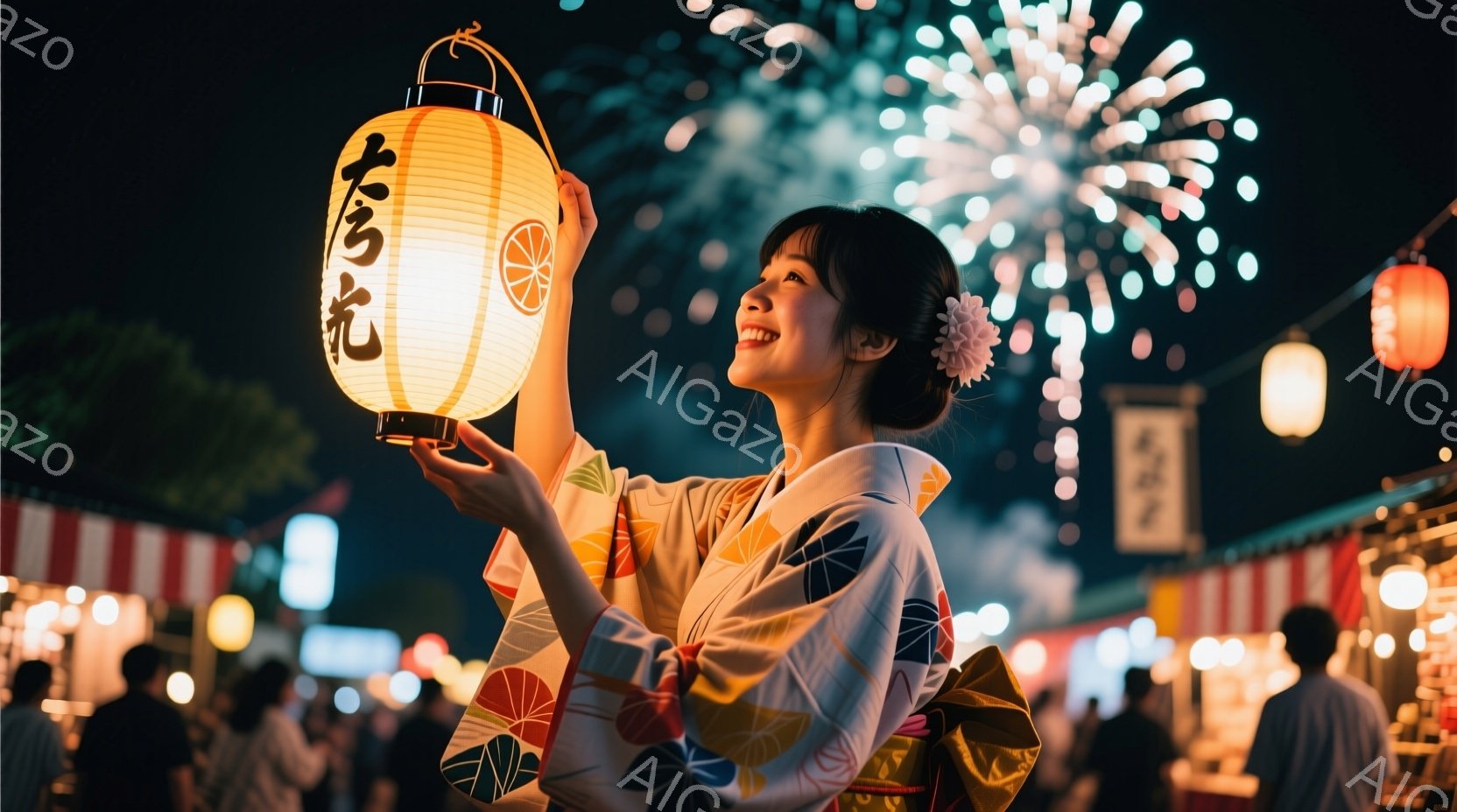 夜祭りの賑わいの中、浴衣を着た若い女性が提灯を高く掲げています。彼女は笑顔で、髪には花飾りをつけており、周囲の光と花火に照らされて楽しそうです。背景には屋台が並び、活気あふれる祭りの雰囲気が伝わってき - AI生成フリー素材