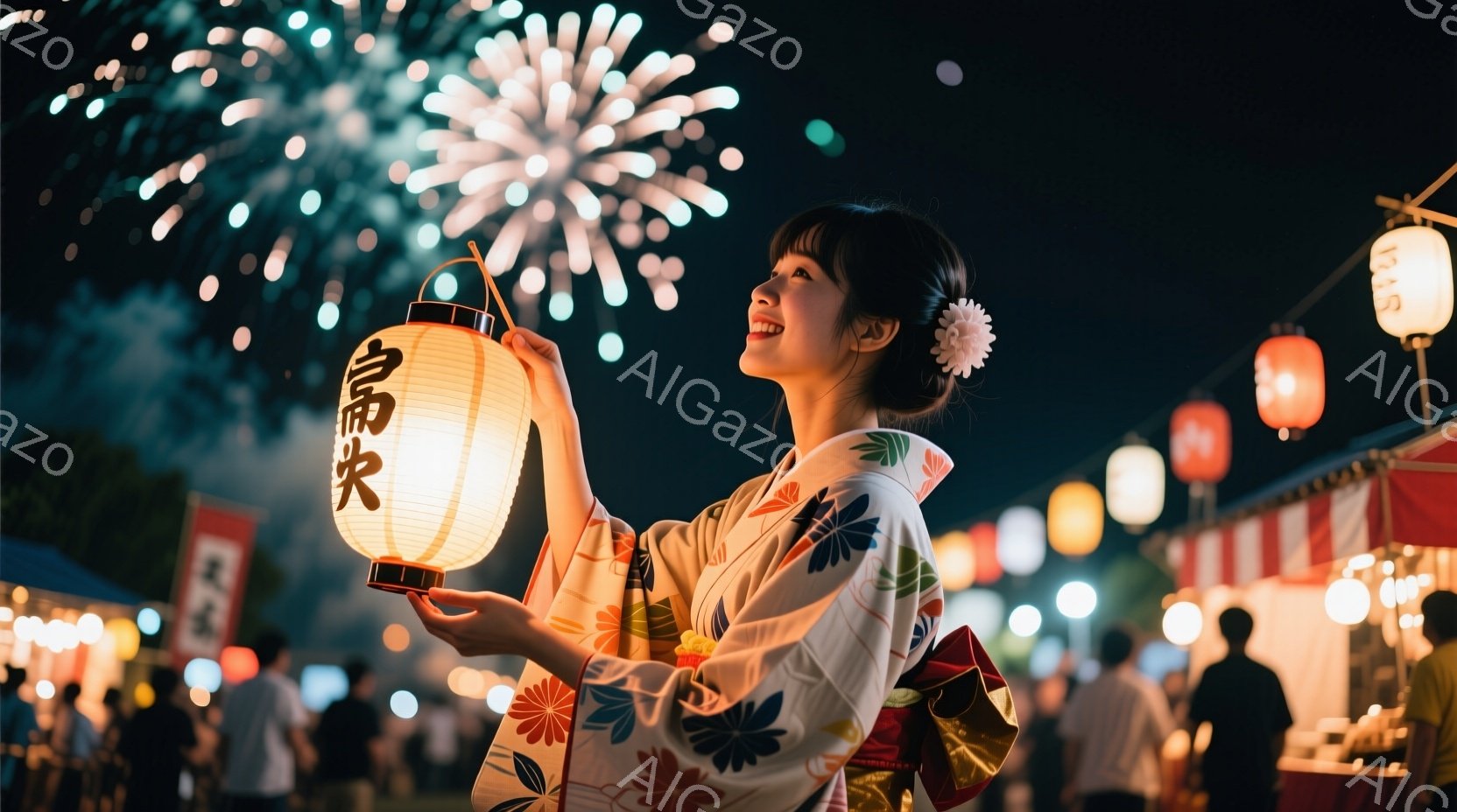 白地に赤い花柄の浴衣を着た若い女性が、提灯を高く掲げて夜空を見上げている。彼女は微笑んでおり、髪型は後ろでまとめて、白い花飾りをつけている。背景には、屋台が並び、人々が歩き回っており、夜空には花火が打 - AI生成フリー素材