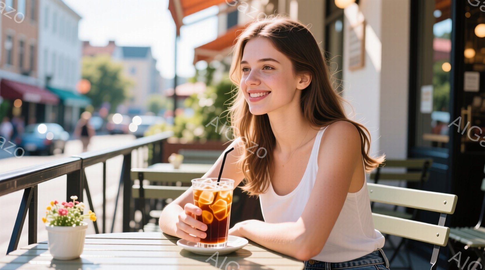 明るい日差しの下、女性がカフェのテラス席でアイスティーを飲んでいる。白いタンクトップとジーンズを着ており、長い髪は自然に肩にかかっている。背景には商店や木々が見え、暖かく、のどかな雰囲気が漂っている。