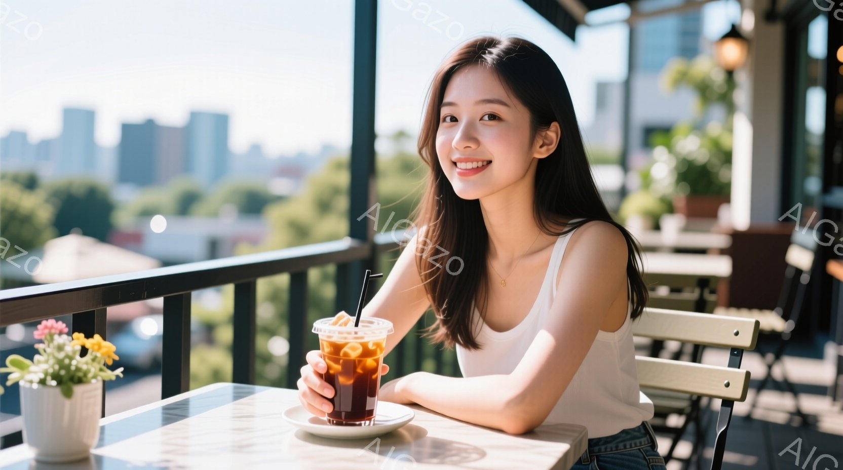 白いタンクトップを着た若い女性が、屋外のカフェのような場所で冷たい飲み物を楽しんでいます。彼女は微笑んでいて、リラックスした表情で、少し横を向いて座っています。背景には建物や緑が見え、晴れた日の穏やかな雰囲気が感じられます。