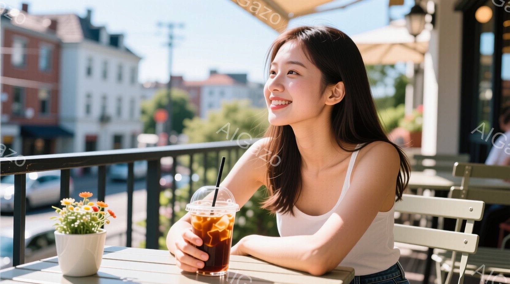 長い黒髪をなびかせ、白いタンクトップとデニムのショートパンツを着た女性が、カフェのテラス席でアイスコーヒーを楽しんでいます。彼女は微笑みを浮かべ、遠くを見つめており、リラックスした雰囲気が漂っています。背景には、美しい建物が並び、晴天の下、穏やかな時間が流れています。