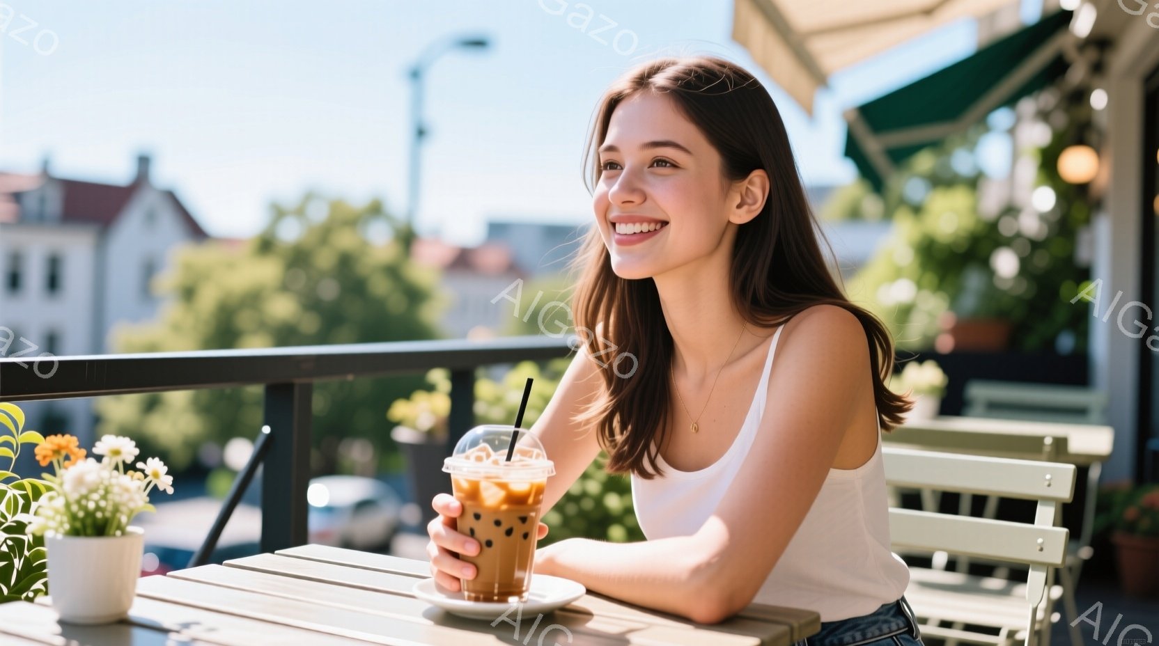 明るい日差しの下、若い女性がカフェのテラス席でアイスコーヒーを楽しんでいます。白いタンクトップにデニムのショートパンツというカジュアルな服装で、長い茶髪を後ろに流し、微笑みを浮かべて遠くを見つめていま - AI生成フリー素材
