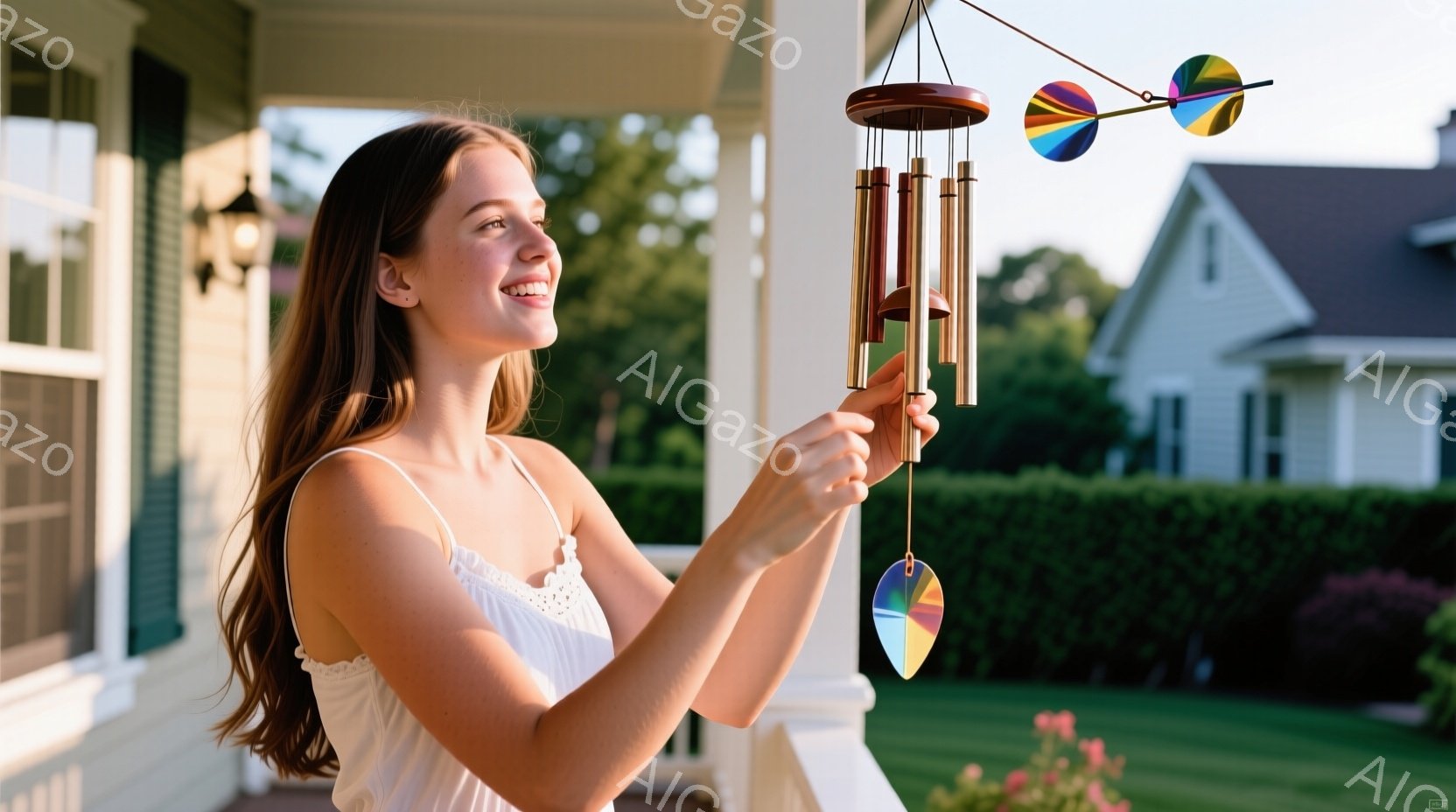 長い茶色の髪を背中に流した若い女性が、庭の風鈴を持って微笑んでいます。白いレースのトップスを着ており、リラックスした雰囲気で風鈴を見つめています。背景には緑豊かな庭と白い家が見え、晴れた日の穏やかな午後のような光景です。