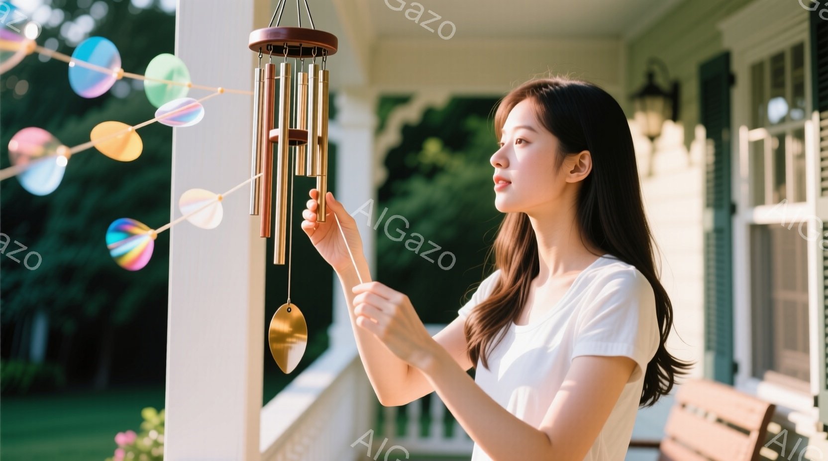 長い茶色の髪を肩にかけた女性が、庭のベランダで風鈴を見つめている。白いTシャツを着ており、穏やかな表情で、風鈴の金属部分に手を伸ばしている。背景には緑豊かな庭と、クラシカルな様式の家が見え、晴れた日の穏やかな雰囲気が漂っている。