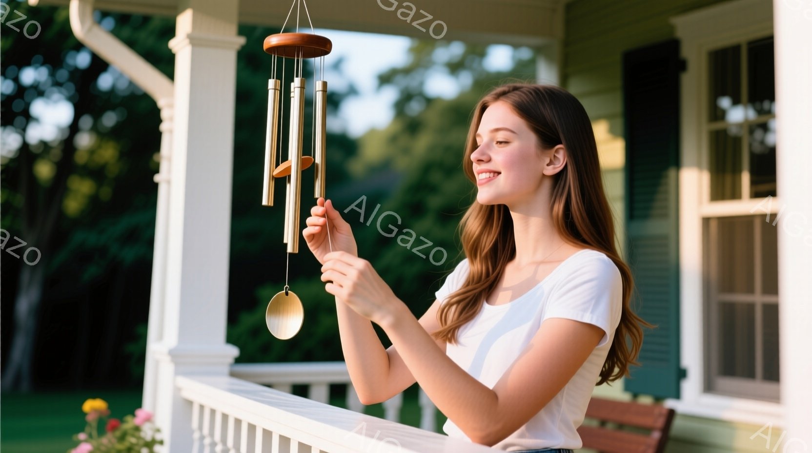 長い茶色の髪をした若い女性が、庭のバルコニーで風鈴を見つめています。白いTシャツとジーンズを着ており、穏やかな笑顔を浮かべています。背景には緑色の家と緑豊かな植物があり、晴れた日の穏やかな雰囲気が漂っ - AI生成フリー素材