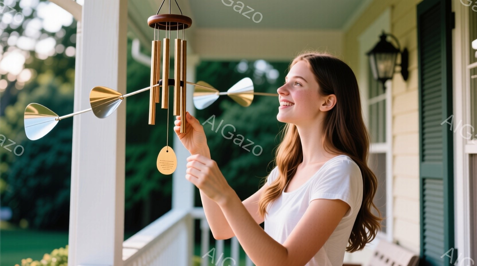 明るい表情の若い女性が、庭に吊るされた風鈴を見上げています。白いTシャツを着ており、長い茶色の髪は自然に肩にかかっています。背景には、緑色のシャッターの付いた白い家があり、穏やかで平和な雰囲気が漂っています。