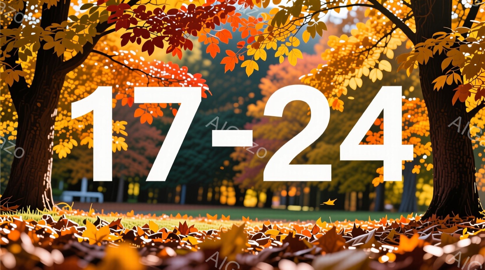 鮮やかなオレンジと赤色の落ち葉が地面を覆い尽くし、秋の深まりを感じさせる風景です。背景には緑の芝生と、ぼやけた建物のシルエットが見え、穏やかで落ち着いた雰囲気を醸し出しています。鮮やかな色彩と自然の美 - AI生成フリー素材