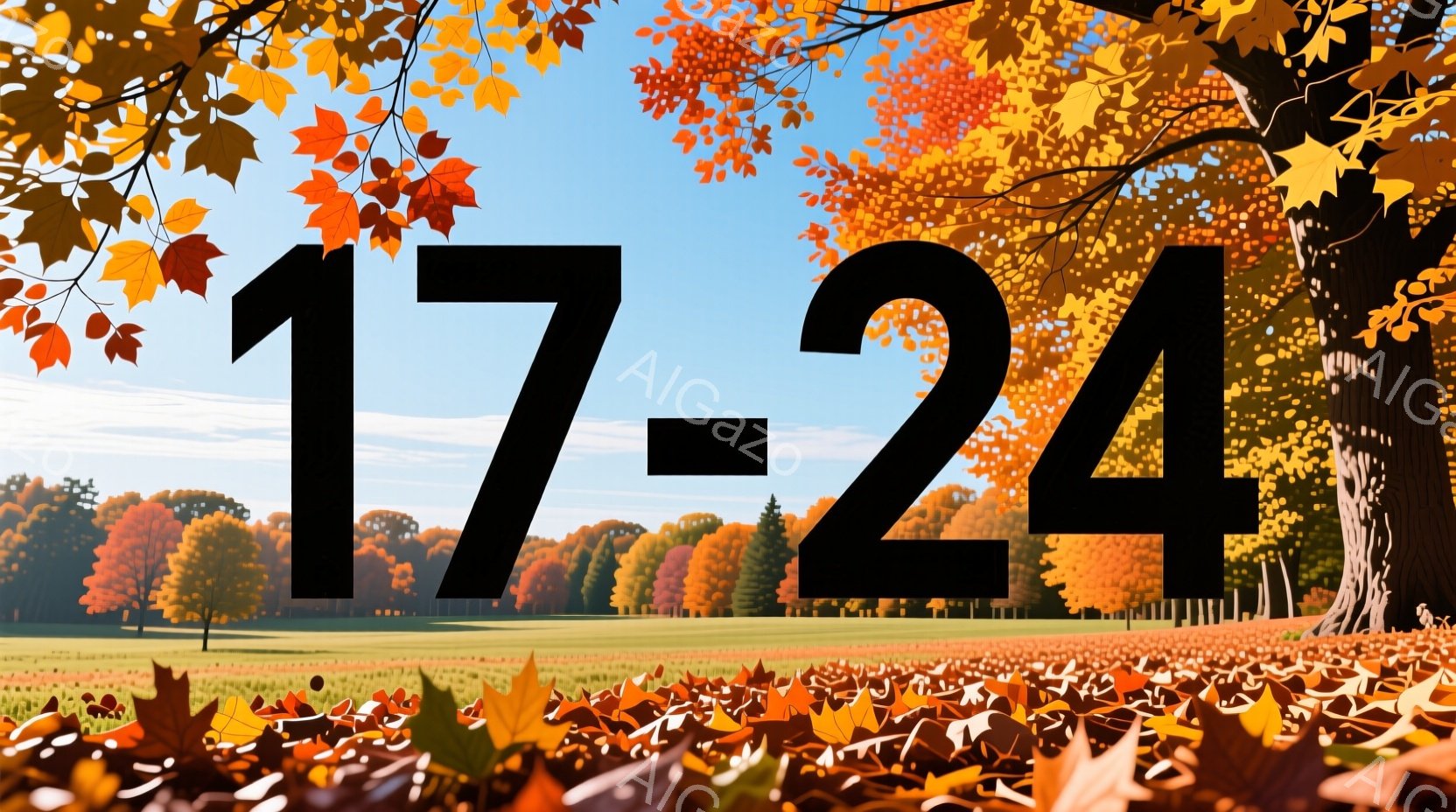 鮮やかな秋の風景が広がっており、赤やオレンジ、黄色の落ち葉が地面を覆っています。遠景には緑の芝生と、紅葉した木々が並び、背景には青空が広がっています。全体的に暖かく、穏やかな秋の雰囲気が漂っています。