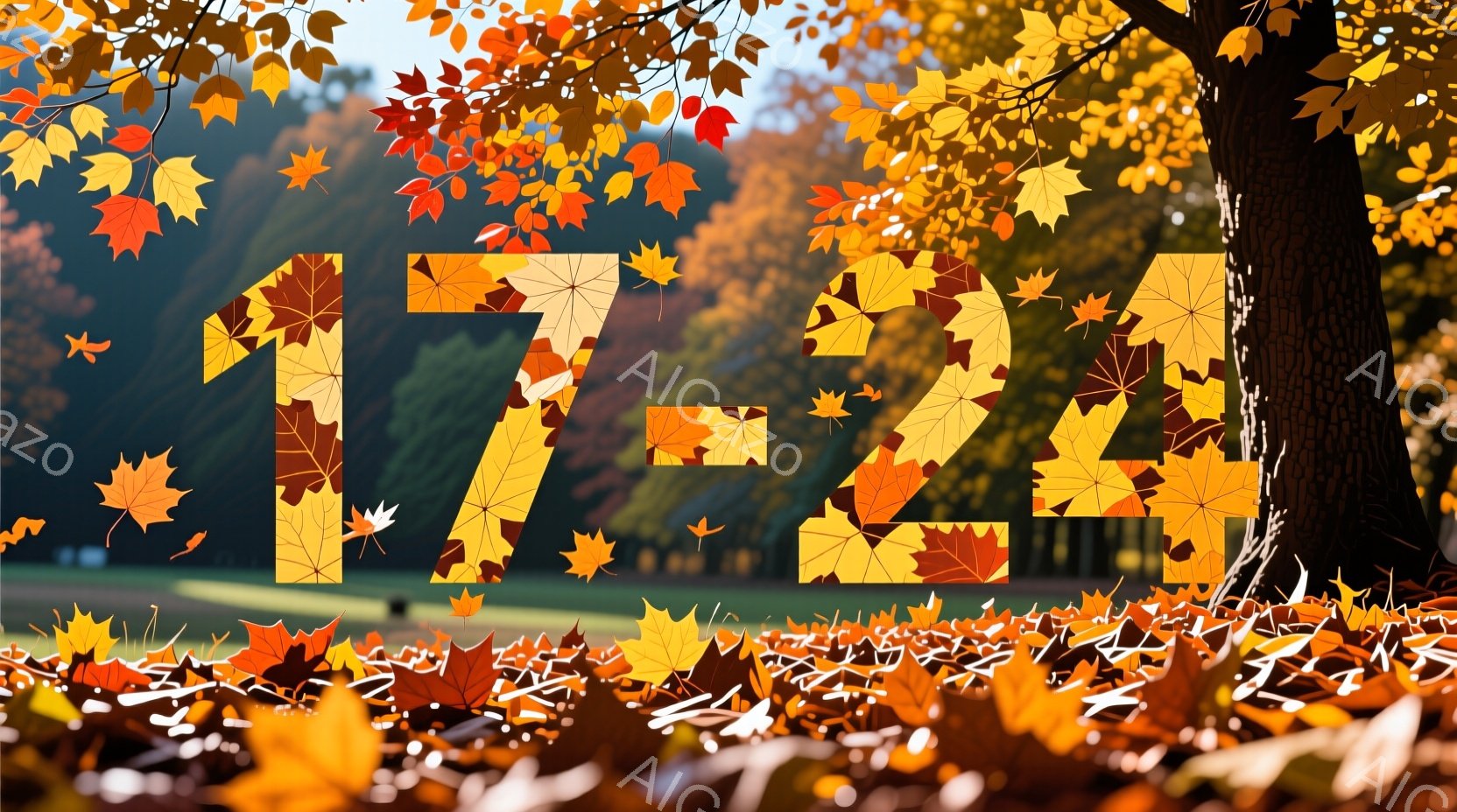広々とした緑の芝生の上に、落ち葉で構成された大きな数字の「17」と「24」が配置されています。背景には、赤や黄色の葉が茂った木々と、ぼやけた秋の風景が広がっており、全体的に暖かく、秋の季節感を漂わせています。落ち葉は地面を覆い、まるでカーペットのように敷き詰められており、秋の穏やかな雰囲気を強調しています。