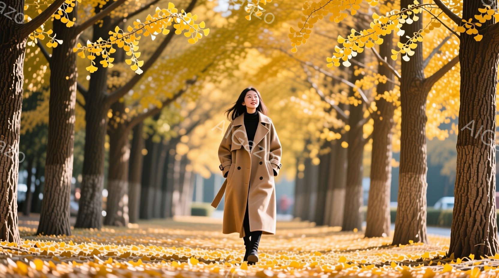 長いキャメル色のコートを着た女性が、イチョウ並木を歩いている。彼女は黒いタイツとブーツを履き、髪は自然なストレートで肩にかかっている。背景には高くそびえるイチョウの木々が立ち並び、地面は黄金色の落ち葉で覆われ、秋の穏やかで暖かい雰囲気を醸し出している。