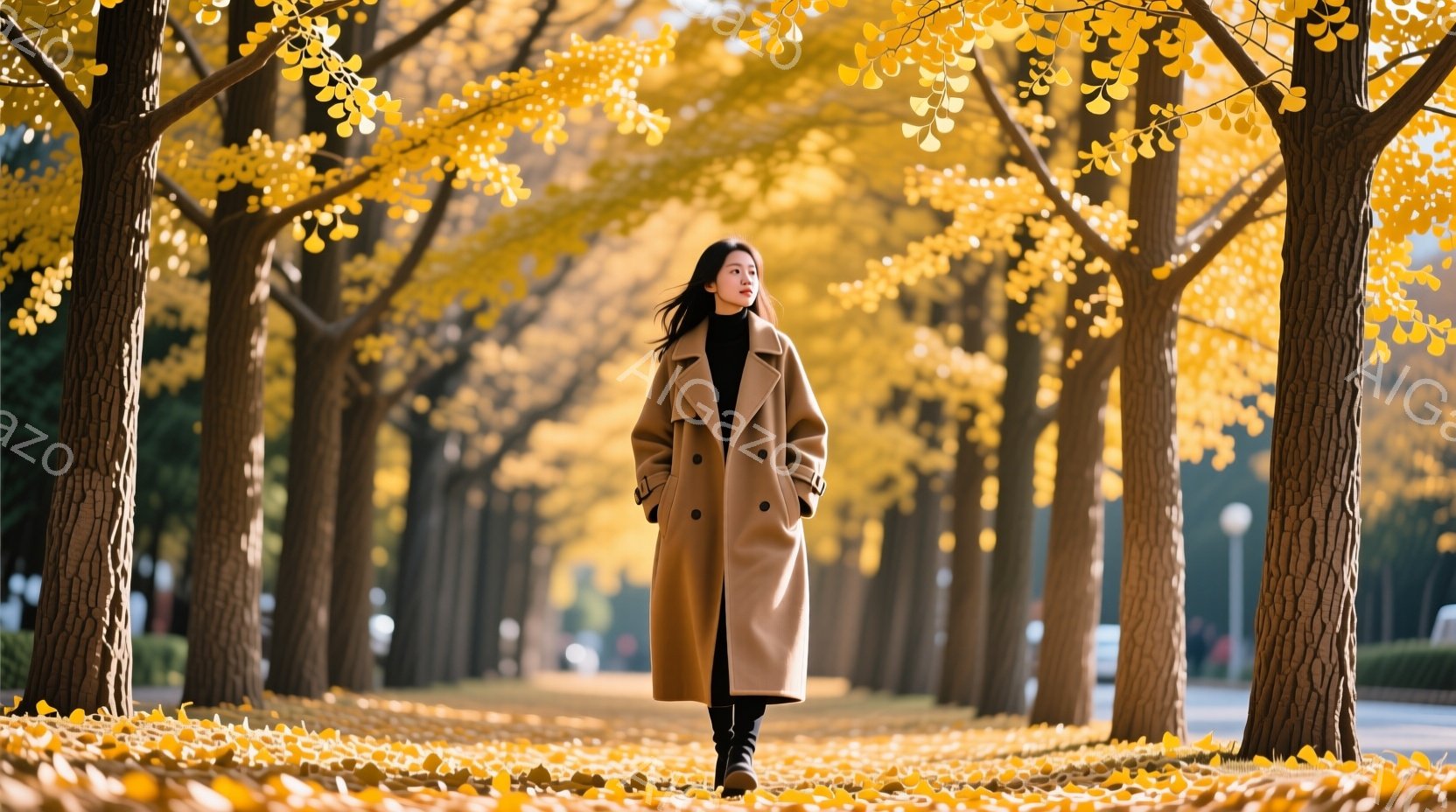 長いキャメル色のコートを着た女性が、黄色いイチョウの並木道を歩いている。彼女は黒いブーツを履き、ストレートの黒髪が風になびいている。背景には高くそびえるイチョウの木々と、地面に散らばる黄色の葉が広がり - AI生成フリー素材