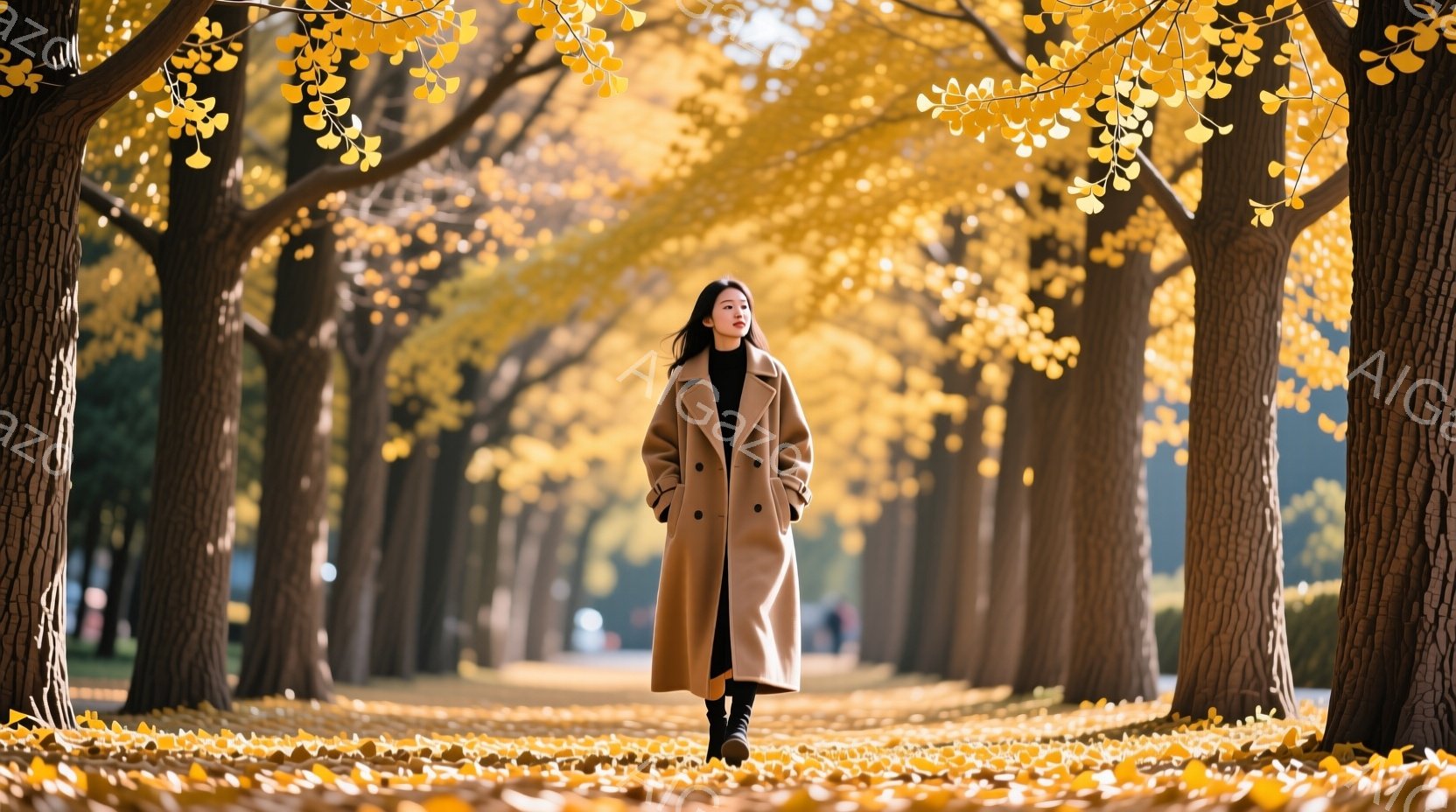 黄色のイチョウ並木を歩く女性が写っている。彼女はキャメル色のロングコートに黒いブーツを履き、ストレートの黒髪を肩まで伸ばしている。背景には、イチョウの葉が敷き詰められた道と、両側に立ち並ぶイチョウの木 - AI生成フリー素材