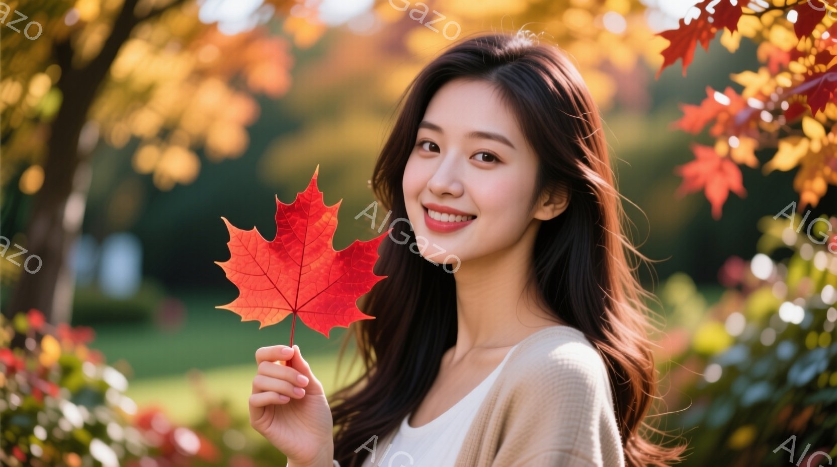 長い茶色の髪をした若い女性が、真っ赤な紅葉の葉を手に持っている。彼女はベージュのセーターを着ており、微笑んでおり、表情は穏やかで優しい印象を与える。背景には緑と赤の葉が茂る木々があり、秋の暖かく、穏や - AI生成フリー素材
