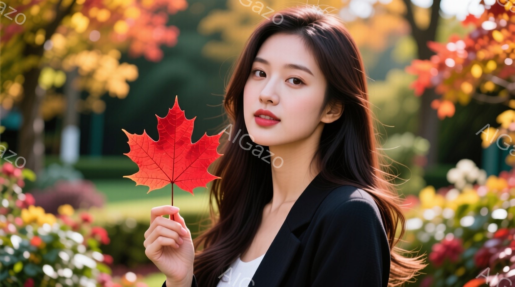 長い黒髪の女性が、鮮やかな赤色の楓の葉を手に持っている。彼女は白いインナーと黒いジャケットを着ており、少し微笑んだ表情でカメラを見つめている。背景には、赤や黄色の葉が茂った木々が写っており、秋の穏やか - AI生成フリー素材