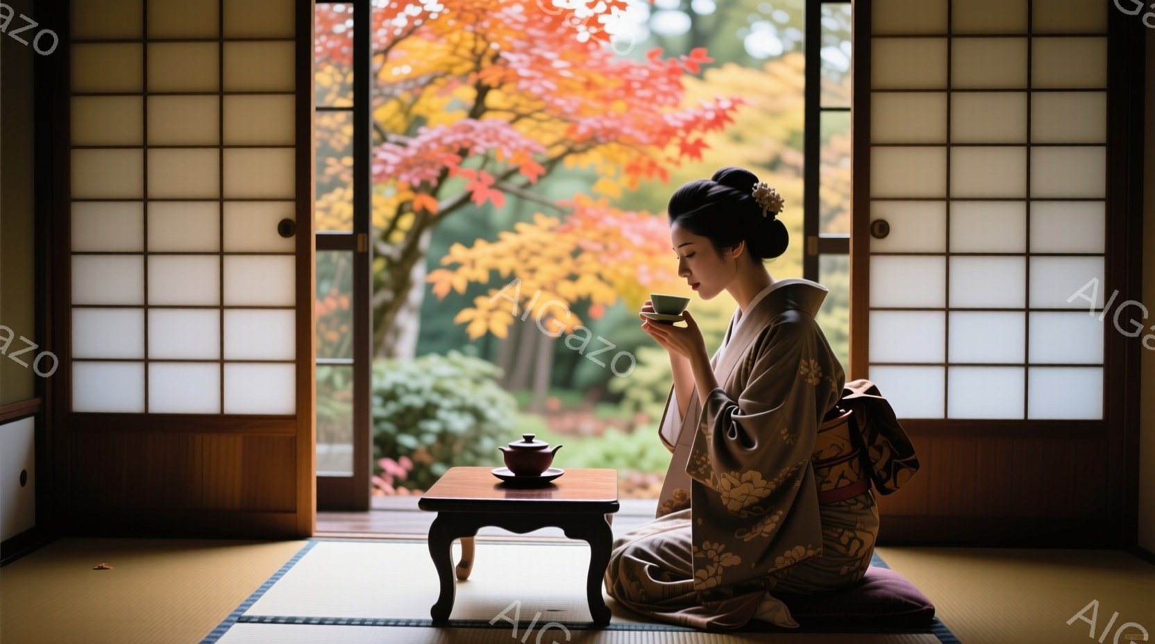 室内で、着物を着た女性が正座し、湯呑を手に持っています。彼女は薄いピンク色の着物で、髪は高く結い上げられ、控えめな表情をしています。背景には、鮮やかな紅葉と障子窓が見え、静かで穏やかな雰囲気を醸し出し - AI生成フリー素材