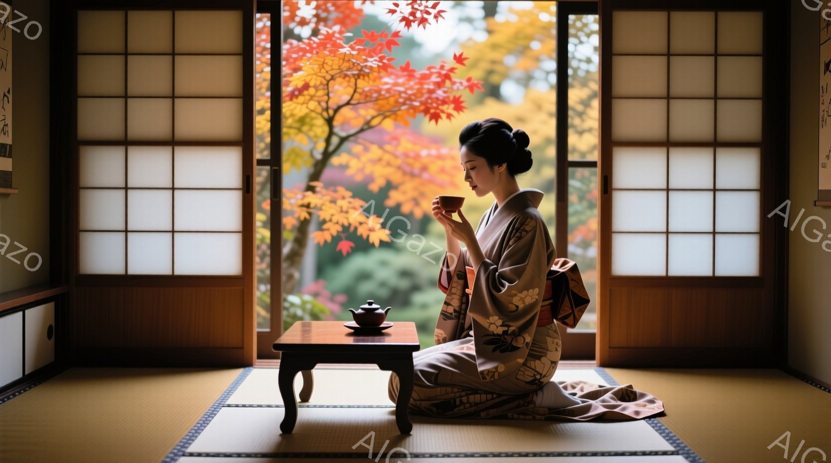 女性は、クリーム色の地に緑とオレンジの花柄の着物を着て、畳の上に正座しています。彼女は両手で茶碗を持ち、静かに茶を飲んでいます。背景には、鮮やかな紅葉と障子窓があり、穏やかで落ち着いた雰囲気を醸し出し - AI生成フリー素材