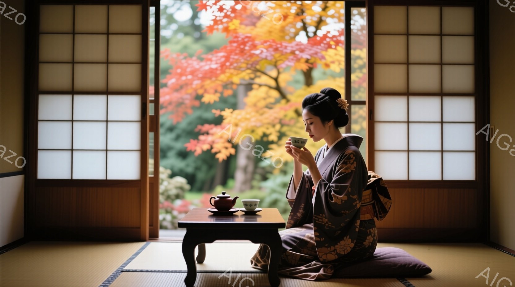 着物姿の女性が、畳の上に座り、茶碗を手に持っている。彼女は髪をまとめ、穏やかな表情で静かに茶を味わっているようだ。背景には、鮮やかな紅葉と障子窓が見え、落ち着いた日本の秋の雰囲気が漂っている。