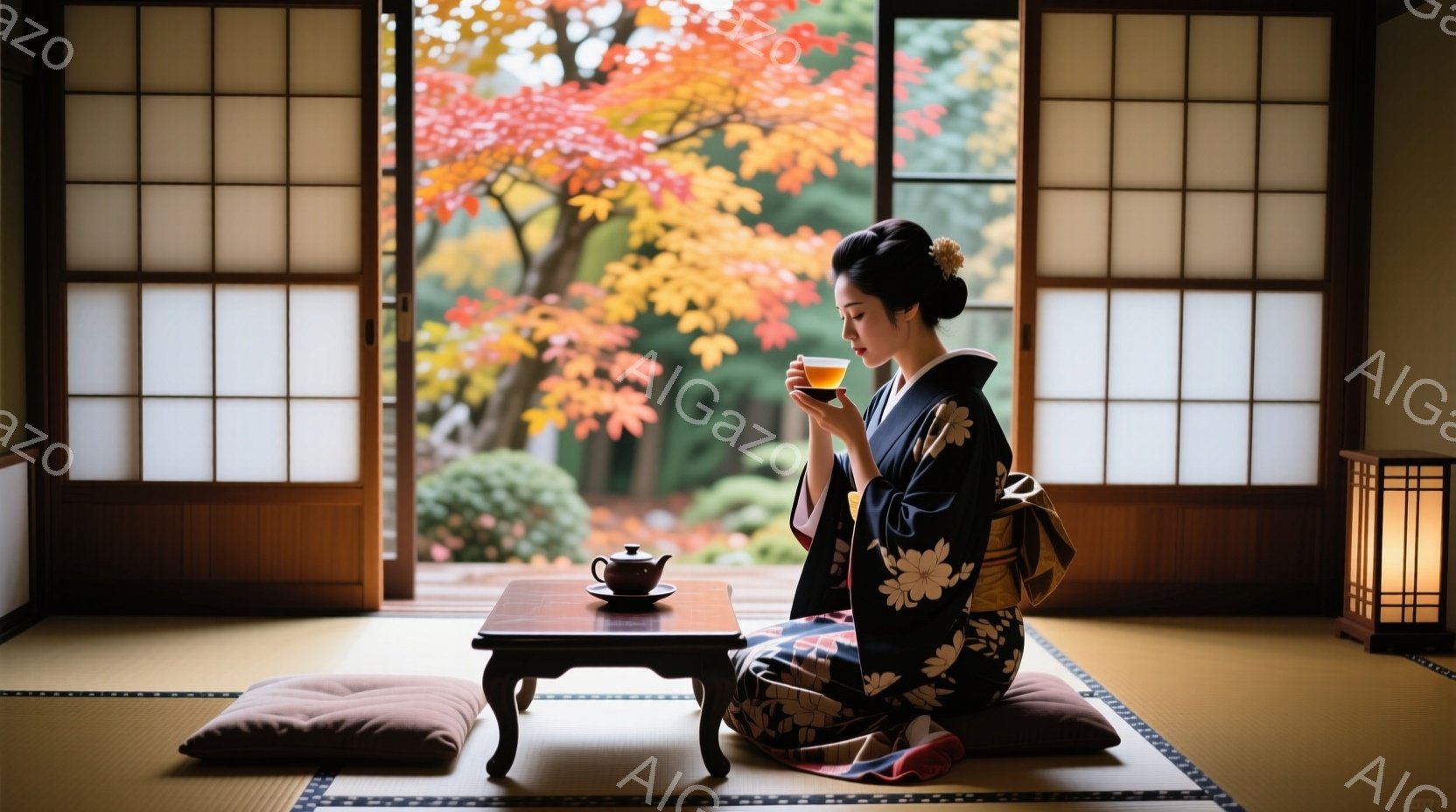 鮮やかな花柄の着物を身につけた女性が、畳の上に座り、湯呑みを手に持っている。彼女は控えめな微笑みを浮かべ、静かに茶を味わっているようだ。背景には、鮮やかな紅葉と障子戸があり、穏やかで落ち着いた雰囲気を - AI生成フリー素材