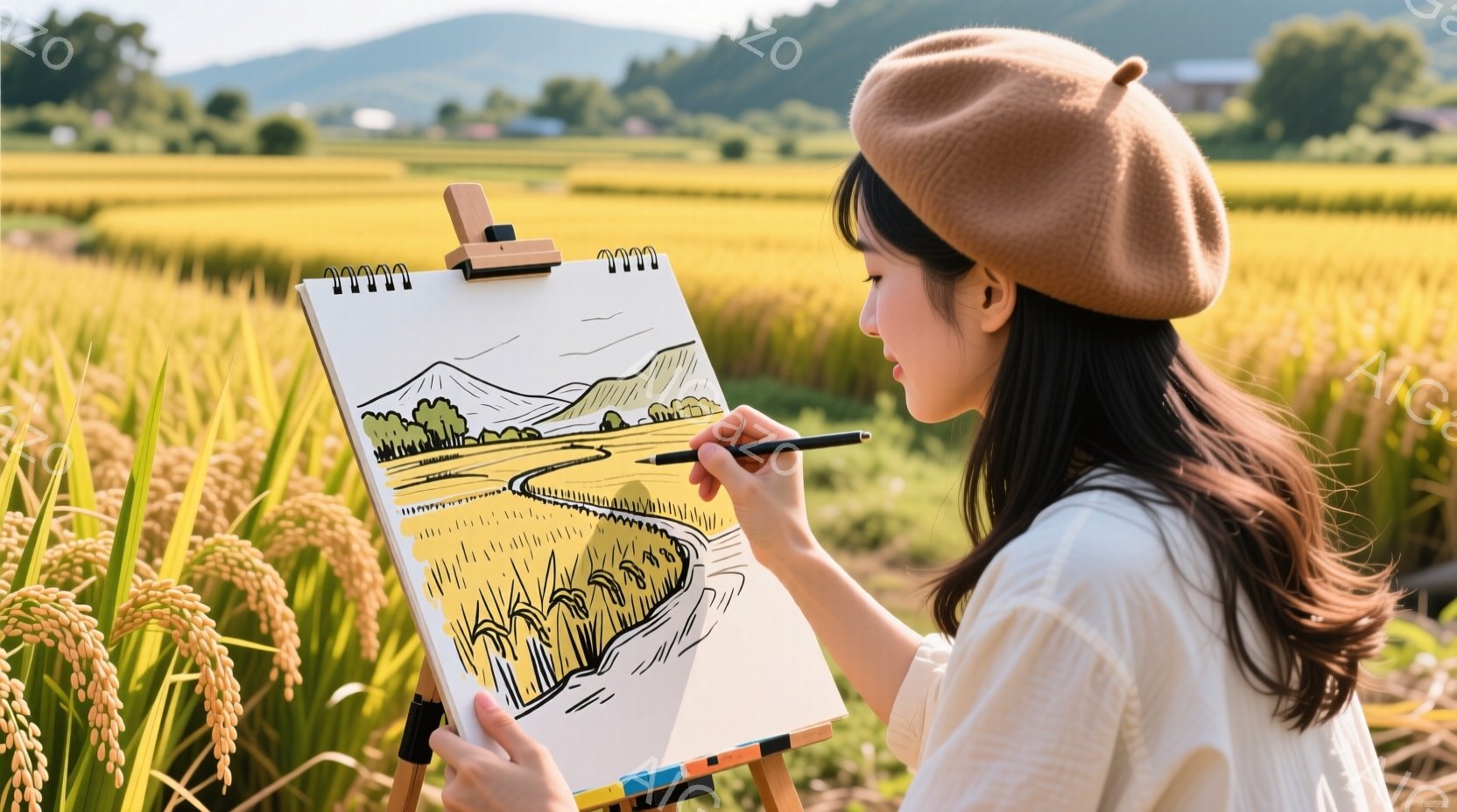 女性は麦畑の中でイーゼルに向かい、風景画を描いています。ベージュ色のベレー帽と白いシャツを着ており、長い髪は肩にかかっています。背景には金色の稲穂が広がり、遠くには山々と建物が見え、晴れた空の下、穏やかで平和な雰囲気が漂っています。