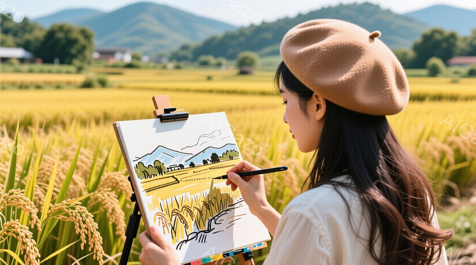 麦畑で女性がイーゼルに向かい、風景画を描いている。彼女はベージュ色のベレー帽とオフホワイトのシャツを着ており、長い黒髪が肩にかかっている。背景には緑豊かな山々と広がる麦畑が広がり、穏やかで平和な雰囲気が漂っている。