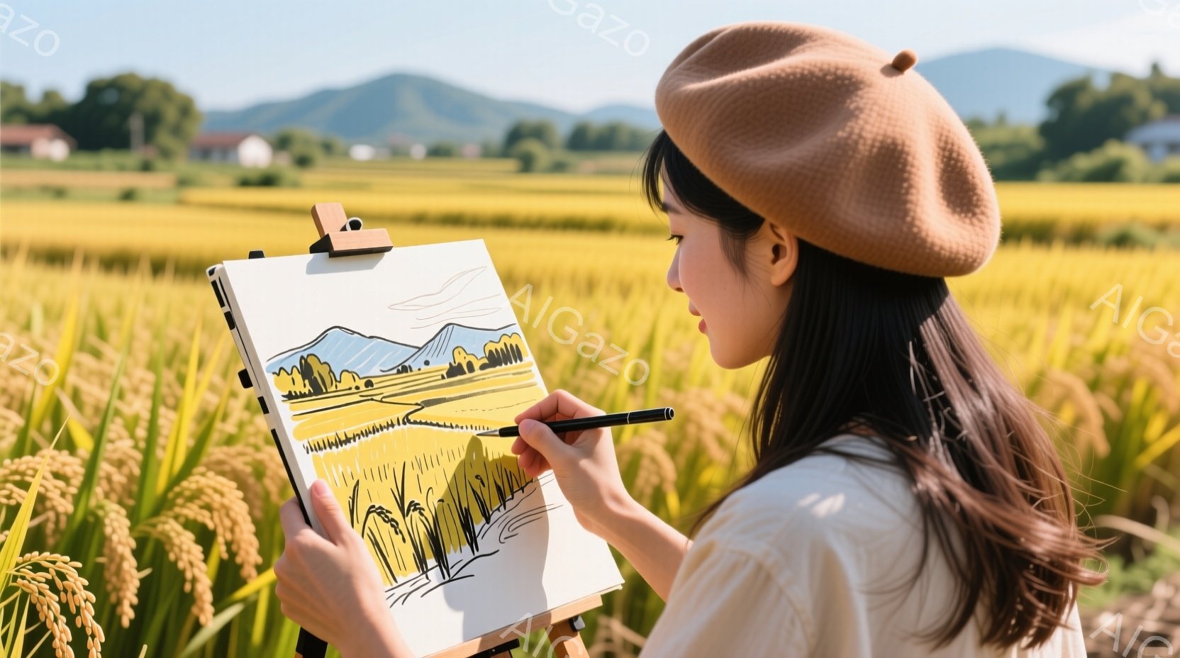 金色の稲穂が広がる田んぼの中で、ベレー帽をかぶった女性がイーゼルに向かって絵を描いている。ベージュ色のシャツを着ており、横向きのシルエットから、集中して風景を描いている様子が伺える。背景には緑の山々が広がり、晴天の下、穏やかで芸術的な雰囲気が漂っている。