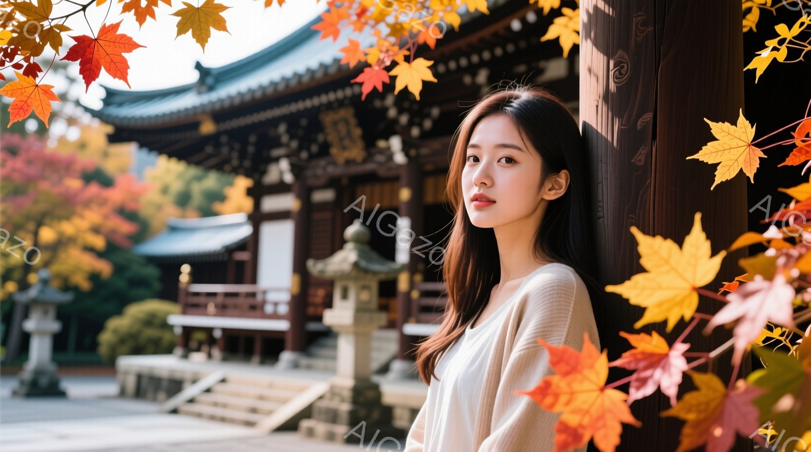 長いダークブラウンの髪をサイドに流し、ベージュのセーターを着た若い女性が、寺院の柱にもたれて立っています。彼女はわずかに微笑んでおり、落ち着いた表情をしています。背景には、鮮やかな紅葉と伝統的な寺院建 - AI生成フリー素材