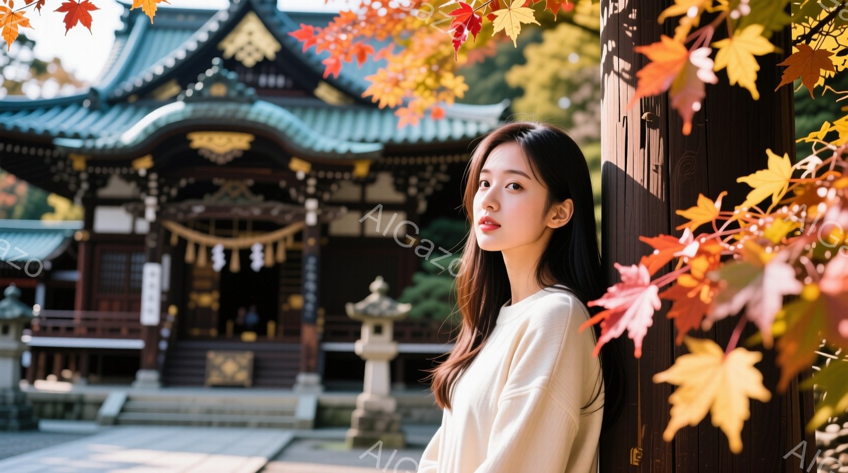 長い黒髪の女性が、クリーム色のセーターを着て、神社の柱にもたれて立っています。彼女は少し微笑んでおり、視線はカメラに向けられています。背景には、鮮やかな朱色の社殿と、紅葉で彩られた木々が見え、秋の穏やかな雰囲気を醸し出しています。
