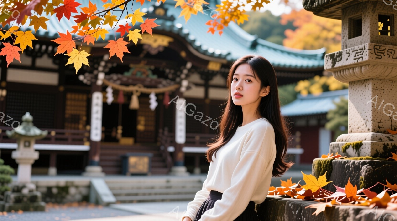 長い黒髪をなびかせた若い女性が、白いセーターと黒いスカートを着て、寺院の石灯籠にもたれて立っている。彼女は穏やかな表情でカメラを見つめており、背景には鮮やかな紅葉と伝統的な寺院建築が広がっている。全体 - AI生成フリー素材