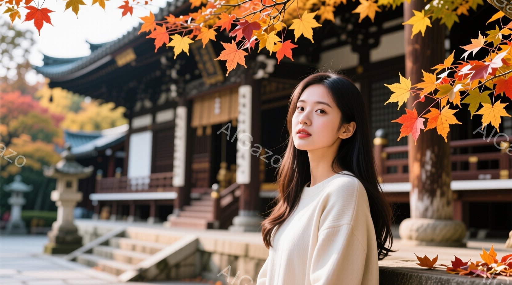 長い黒髪をなびかせた若い女性が、クリーム色のセーターを着て少し上目遣いをしています。背景には鮮やかな赤色の紅葉と伝統的な寺院建築が見え、秋の穏やかな雰囲気を醸し出しています。彼女の姿勢はリラックスして - AI生成フリー素材