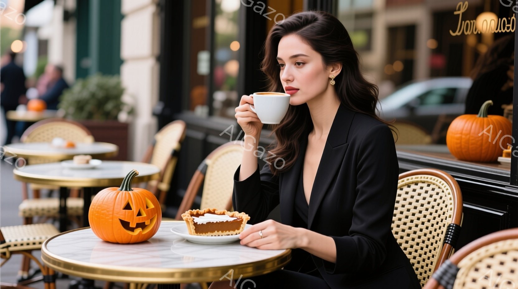 黒いスーツを着た女性がカフェの椅子に座り、カップからコーヒーを飲んでいます。彼女は黒髪を後ろにまとめ、耳には小さなイヤリングが光っています。背景には、ハロウィーンの飾りであるカボチャやパイが置かれたテーブルと、ぼやけた街並みが広がっています。