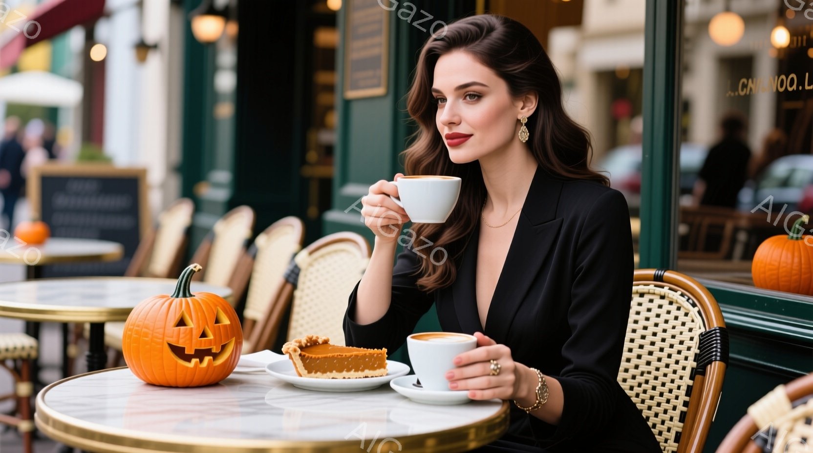 黒いベルベットのドレスを着た女性が、カフェの屋外席でコーヒーとスライスされたパンプキンパイを楽しんでいる。彼女は長い茶色の髪をカールさせ、赤い口紅を塗っており、優雅な雰囲気である。背景にはハロウィーンの飾り付けが施されたカフェと、ぼやけた街並みが見え、秋の穏やかな日を連想させる。