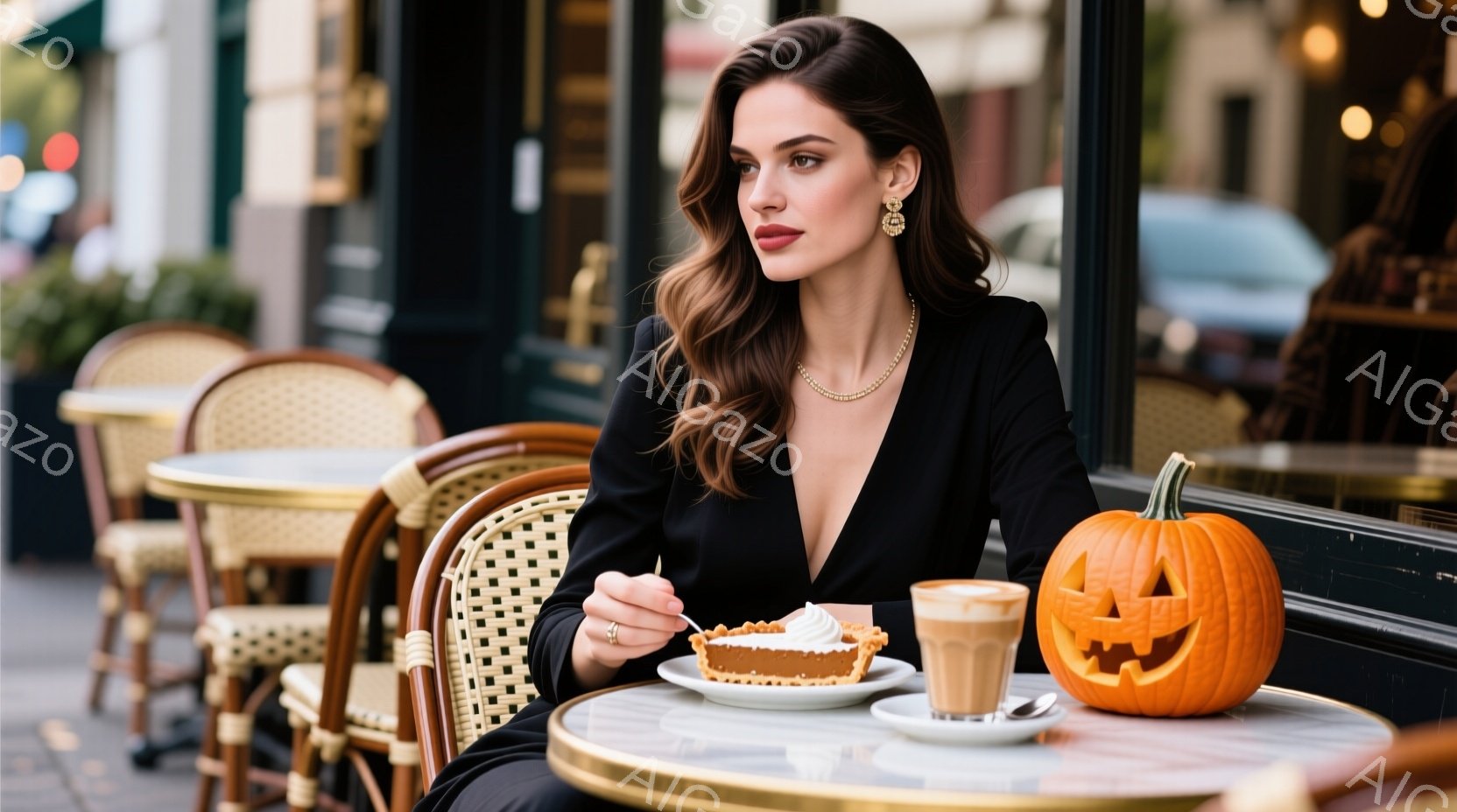 黒いVネックのドレスを着た女性が、屋外のカフェのテーブル席に座ってパイを食べている。彼女は金のネックレスとイヤリングを身につけ、髪は肩まで伸びたカールヘアーで、少し憂いを帯びた表情をしている。背景にはカフェの窓、テーブル、椅子が見え、彫刻されたハロウィンのカボチャとコーヒーカップが彼女の隣に置かれており、秋の落ち着いた雰囲気を感じさせる。