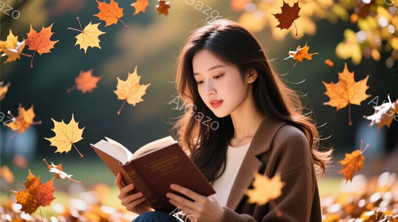 長い茶色の髪を無造作に垂らした女性が、開いた本を読んでいます。彼女はベージュのセーターを着ており、穏やかな表情で読書に集中しています。背景には秋の紅葉が舞い散り、暖かく柔らかな雰囲気の秋の風景が広がっ - AI生成フリー素材