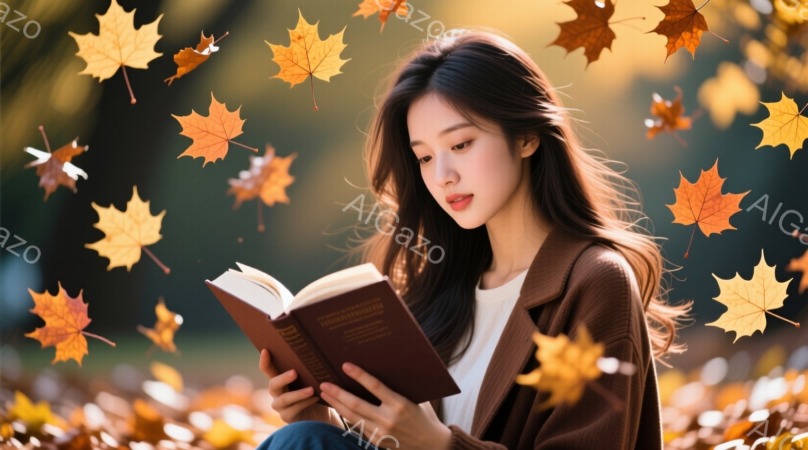 長い茶色の髪を持つ若い女性が、膝の上で開いた本を読んでいます。彼女は茶色のカーディガンを着ており、穏やかな表情で本に集中しています。背景には、舞い散る紅葉と緑豊かな自然が広がり、秋の暖かく穏やかな雰囲 - AI生成フリー素材