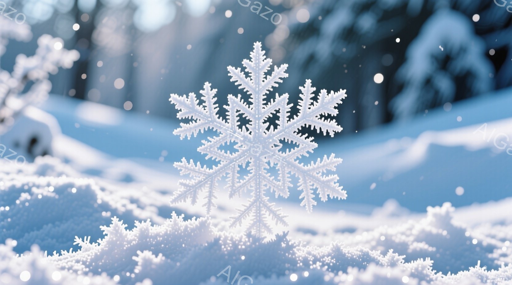 雪景色の中に、巨大な雪の結晶がクローズアップで捉えられています。背景はぼやけた雪の風景で、遠くに木々が見え、まるで冬の夢の中にいるような幻想的な雰囲気を醸し出しています。雪の結晶は繊細な模様で覆われ、まるで氷の彫刻のように美しく、光の反射が冬の冷たさと静けさを強調しています。