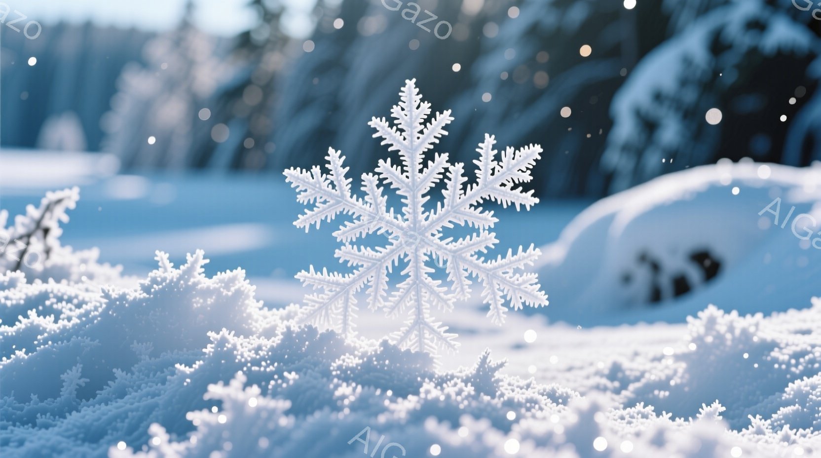 白い雪の結晶が、雪に覆われた地面の近くに大きく浮かび上がっています。背景にはぼやけた木々が見え、雪が舞い散る冬の静かな風景が広がっています。全体的に、冷たくて穏やかな、冬の静寂を表現した雰囲気です。