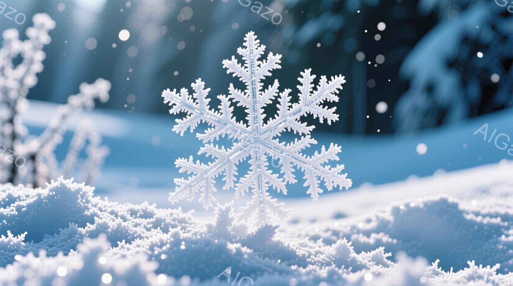 白く輝く雪の結晶が、雪に覆われた地面の上に浮かび上がっている。背景にはぼやけた木々が見え、雪の舞う冬の風景が広がっている。全体的に幻想的で、静かで穏やかな雰囲気が漂っている。