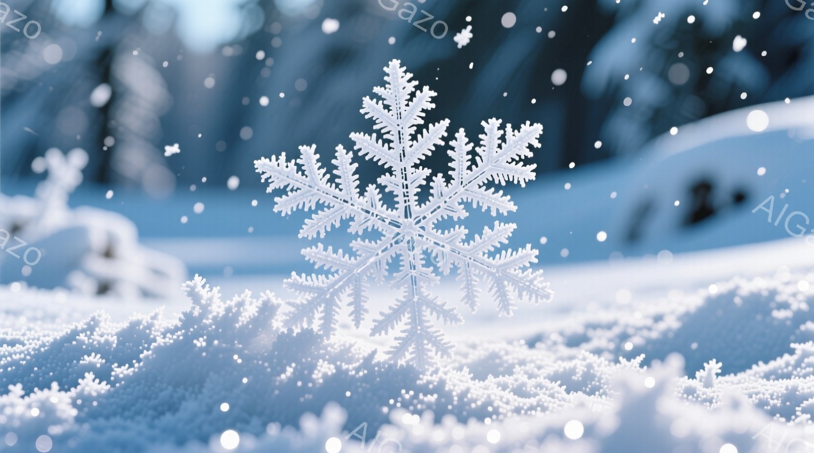 雪原に大きく美しい雪の結晶が浮かび上がっている。背景はぼやけた雪景色で、まるで冬の幻想的な世界が広がっているように見える。全体的に白を基調とした色彩は、静寂と冷たさを感じさせ、心が洗われるような清らか - AI生成フリー素材