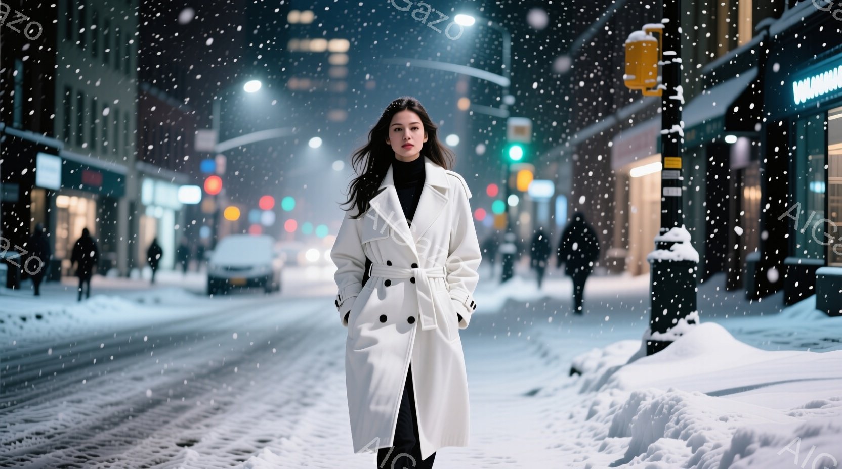 白いロングコートを羽織った女性が、雪が降る街路の中央に立っている。彼女は黒い髪を肩まで伸ばし、少し微笑んだ表情でこちらを見ている。背景には、雪に覆われた建物や道路、そしてぼんやりとした街灯が見え、冬の夜の静かで幻想的な雰囲気を醸し出している。