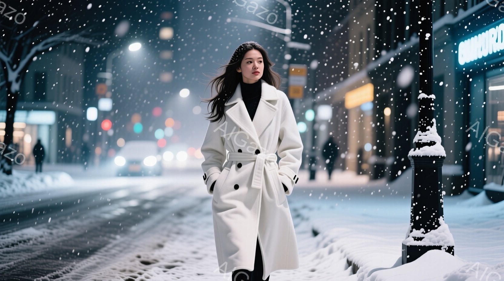 長い白いコートを着た女性が、雪の降る夜の街を歩いている。彼女は黒い髪を風になびかせ、少し横を向いて遠くを見つめている表情は、どこか憂いを帯びている。背景にはぼやけた街灯と雪で覆われた建物が見え、全体的 - AI生成フリー素材