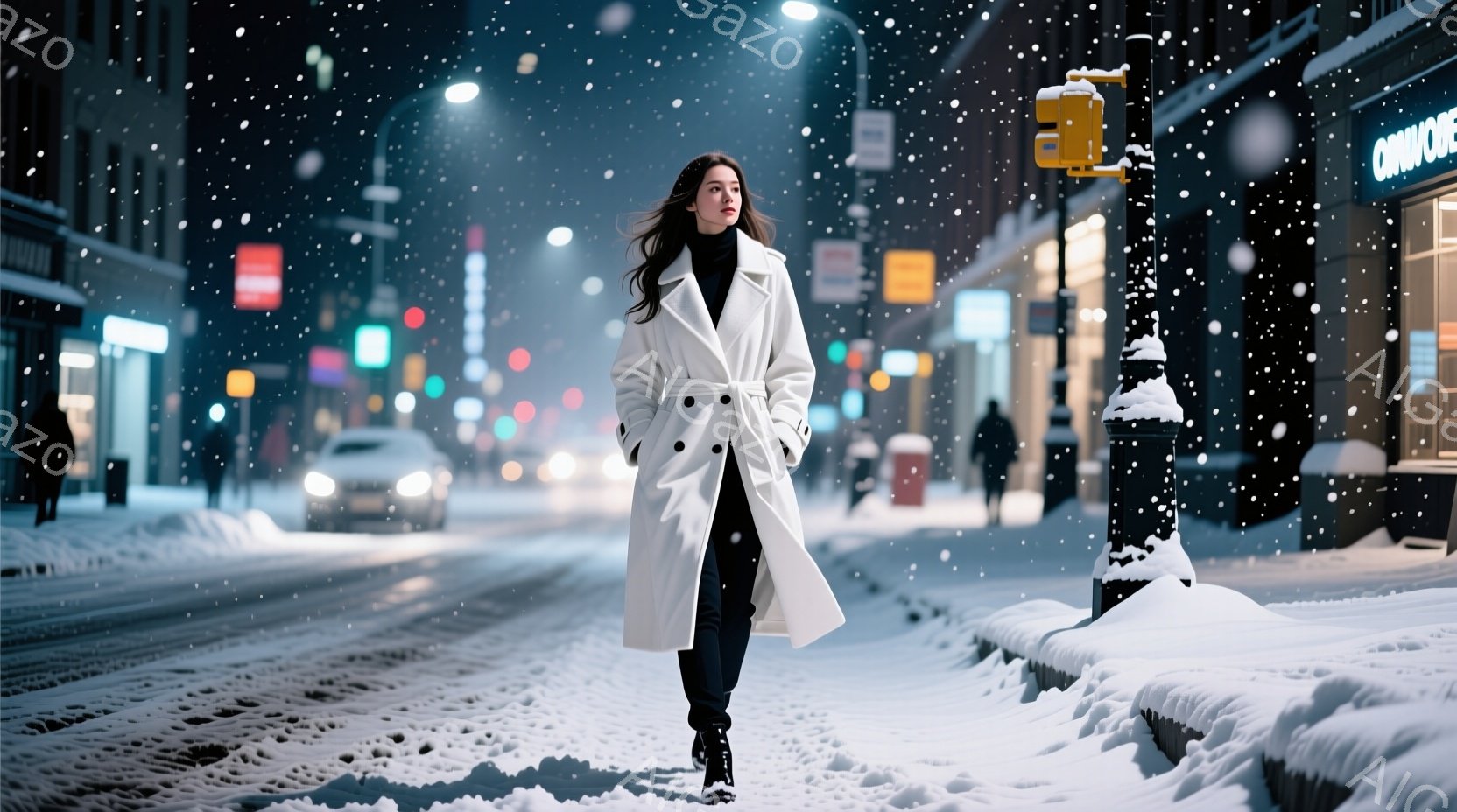 長い白いコートを着た女性が雪の降る街路を歩いている。彼女は黒い髪を長く伸ばしており、少し微笑んでいるように見える。背景には、雪に覆われた建物や車両、そして煌めく街灯がぼやけており、幻想的な冬の雰囲気を - AI生成フリー素材