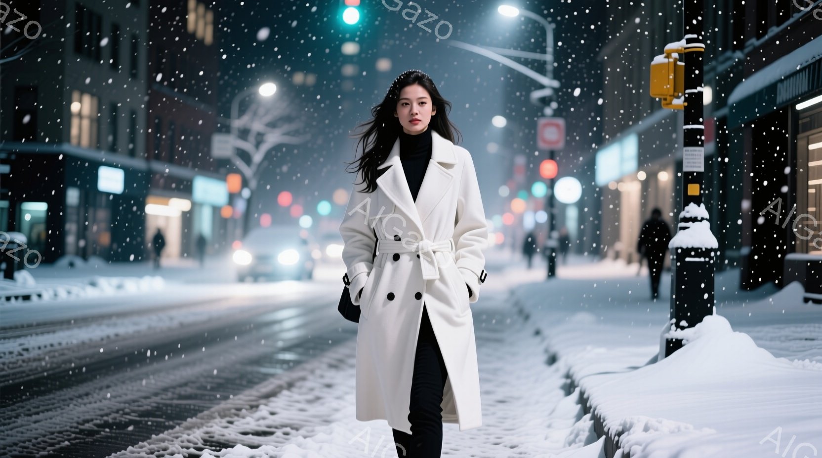 長い黒髪をなびかせ、白いロングコートを羽織った女性が、雪の降る街路に立っている。彼女は黒いパンツとコートのベルトで引き締まったシルエットで、凛とした表情で正面を見つめている。背景には、雪に覆われた建物や街灯がぼんやりと見え、全体的に静かで幻想的な雰囲気が漂っている。