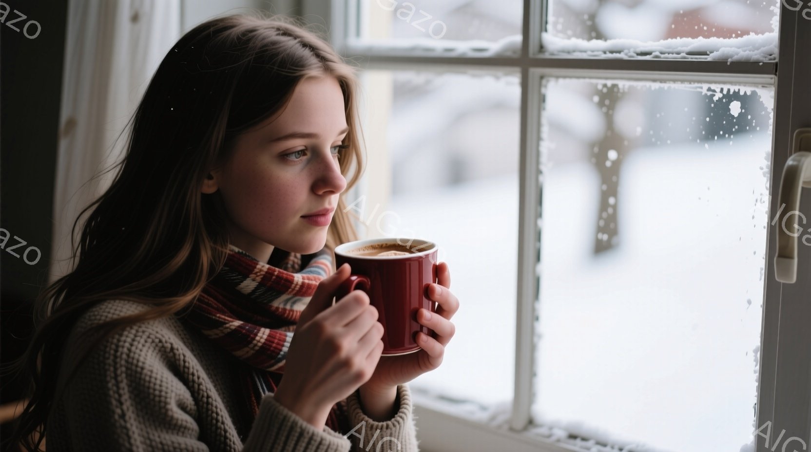 長い茶色の髪を無造作に垂らした女性が、窓の外を眺めている。彼女はクリーム色のざっくりとしたセーターと、赤と黒のチェック柄のマフラーを着用しており、両手で赤いマグカップを抱えている。背景は雪景色で、窓枠 - AI生成フリー素材