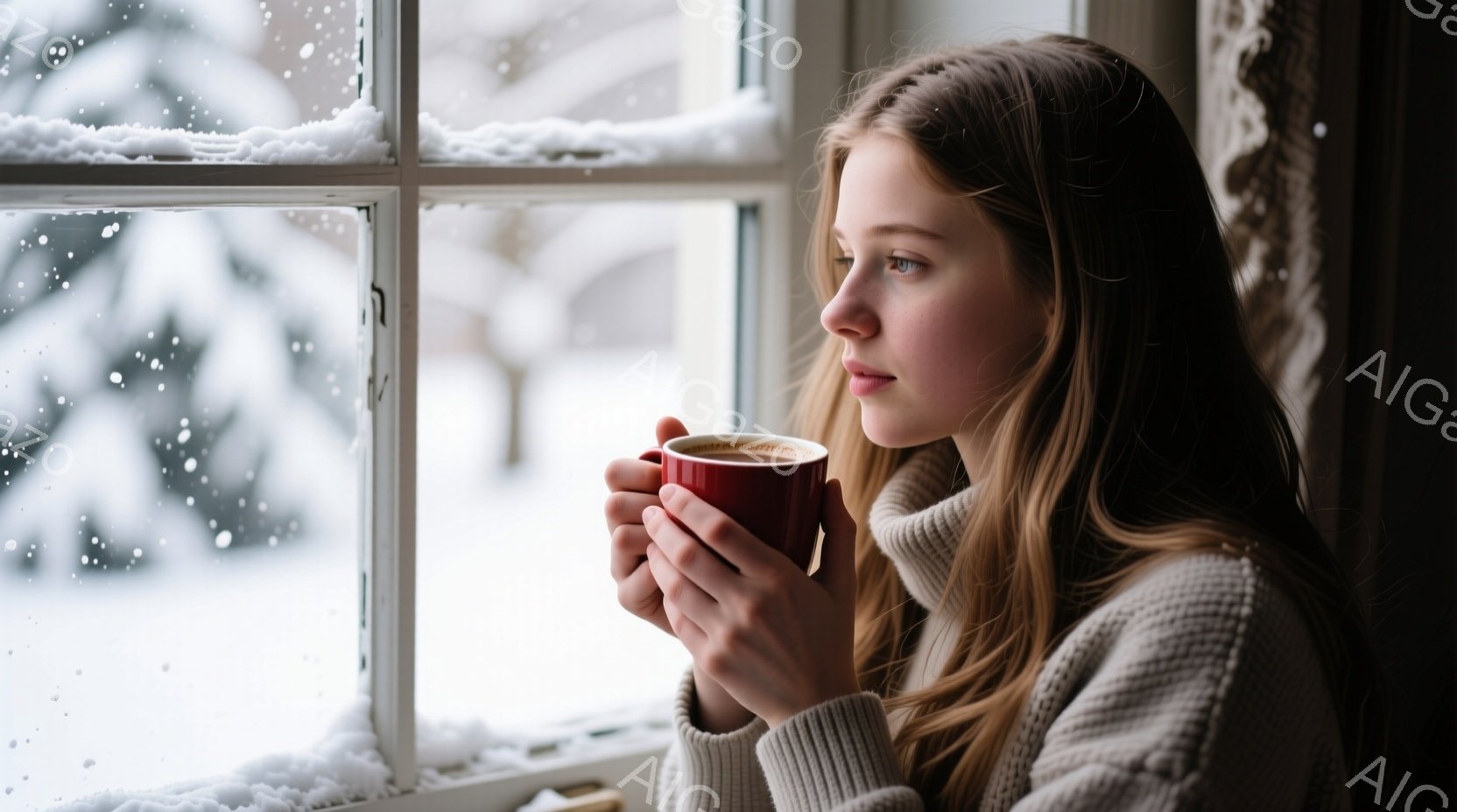 長い茶色の髪をした若い女性が、窓際に座って赤いマグカップを両手で抱えています。彼女はベージュ色のセーターを着ており、少し憂いを帯びた表情で外の雪景色を見つめています。窓の外には雪が降り積もり、白く覆われた景色が広がっており、全体的に静かで穏やかな冬の雰囲気が漂っています。