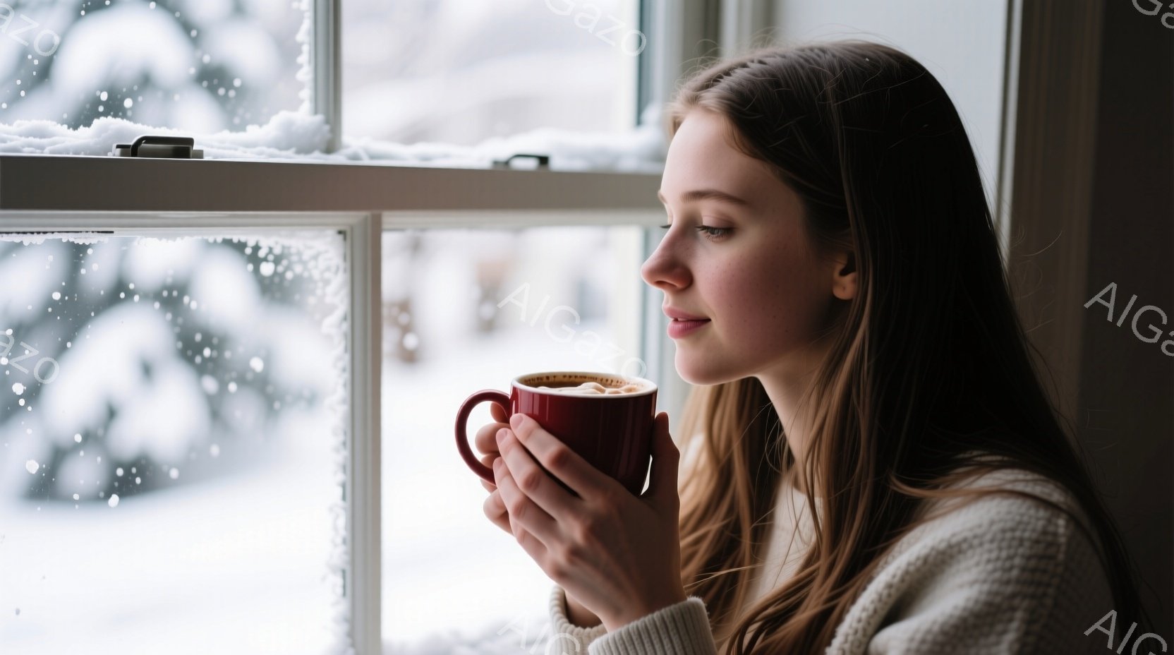 長い茶色の髪の女性が、白いセーターを着て窓辺に立っている。彼女は両手で赤いマグカップを抱きしめ、目を閉じて穏やかな表情を浮かべている。窓の外は雪景色で、冬の静かで心地よい雰囲気が漂っている。 - AI生成フリー素材