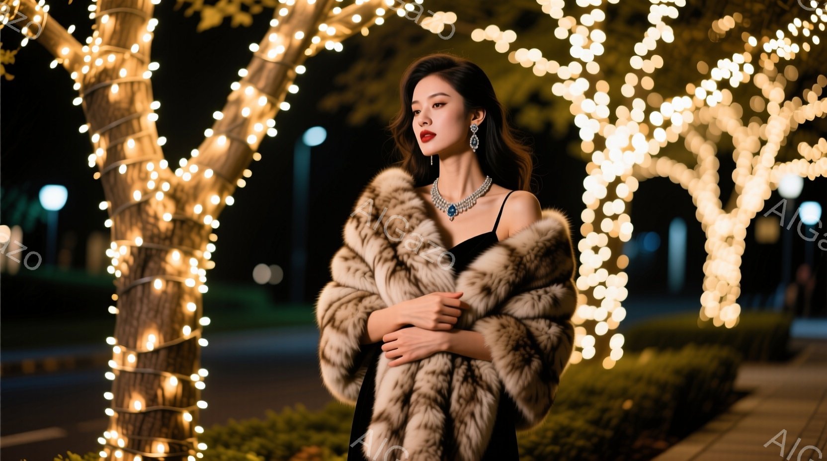 長い黒髪を無造作にかけた女性が、ファーコートを羽織り、夜の公園に立っている。彼女は黒いドレスに真珠のネックレスとイヤリングを合わせ、少し微笑んだ表情で両腕を組んでいる。背景にはイルミネーションで飾られた木々が輝き、暖かくロマンチックな雰囲気を醸し出している。