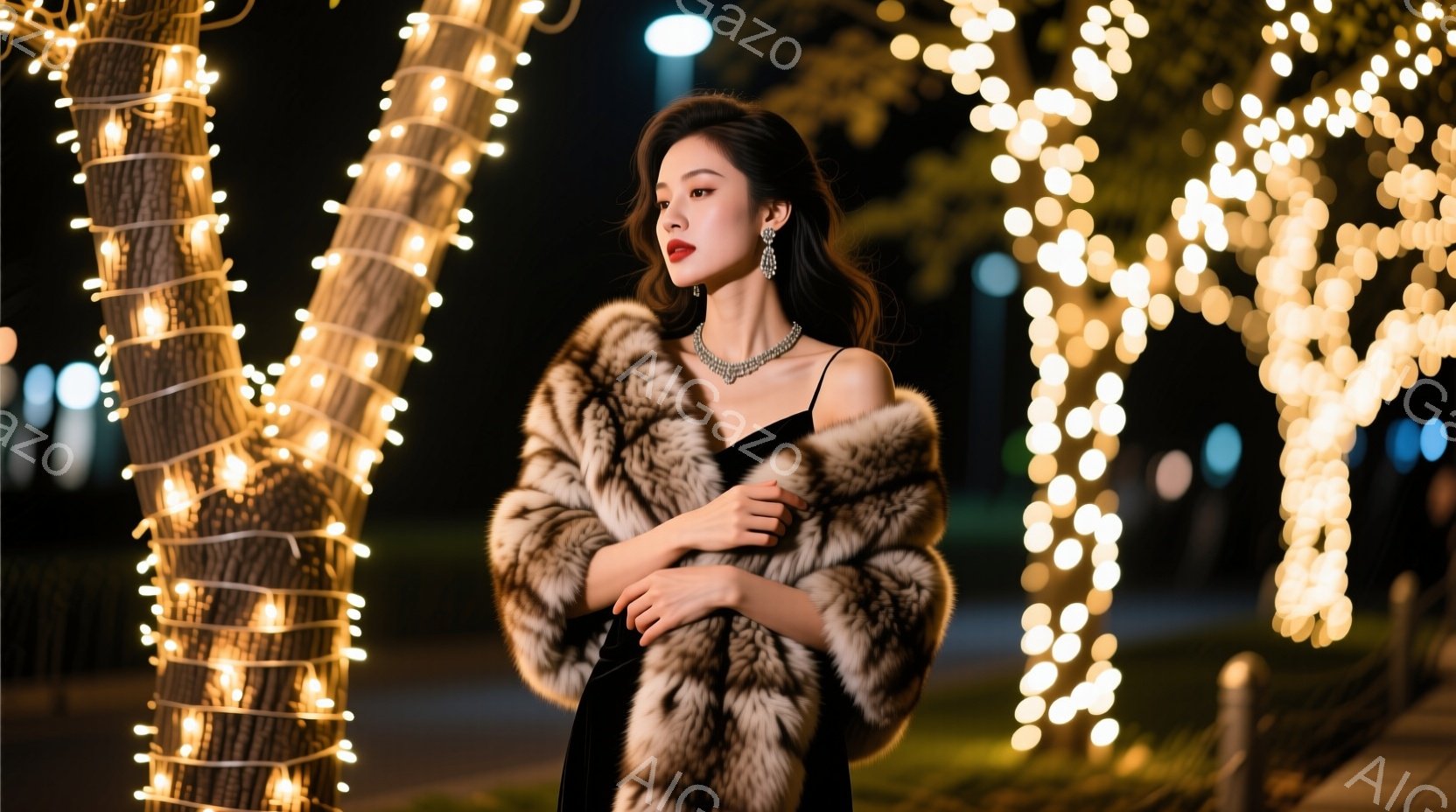 長い黒髪の女性が、深い緑色のベルベットドレスと毛皮のショールを着て立っています。彼女は赤い口紅をつけ、自信に満ちた表情で、腕を組んでカメラを見つめています。背景には、クリスマスツリーのように光る木々と - AI生成フリー素材